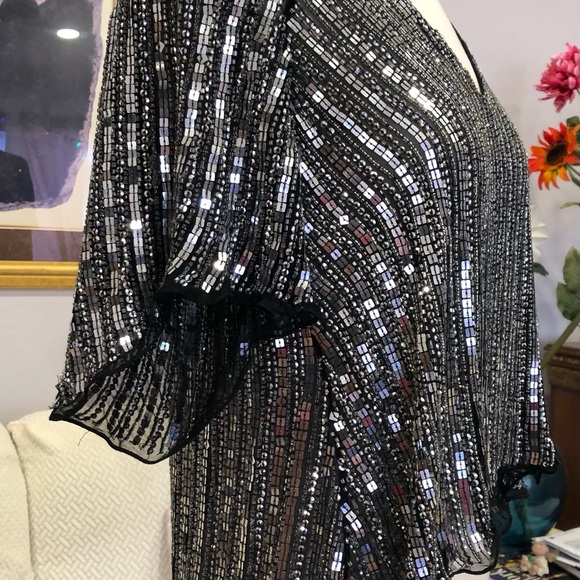 Parker Gunmetal high low silver sequin silk blouse size small new! - Picture 3 of 6